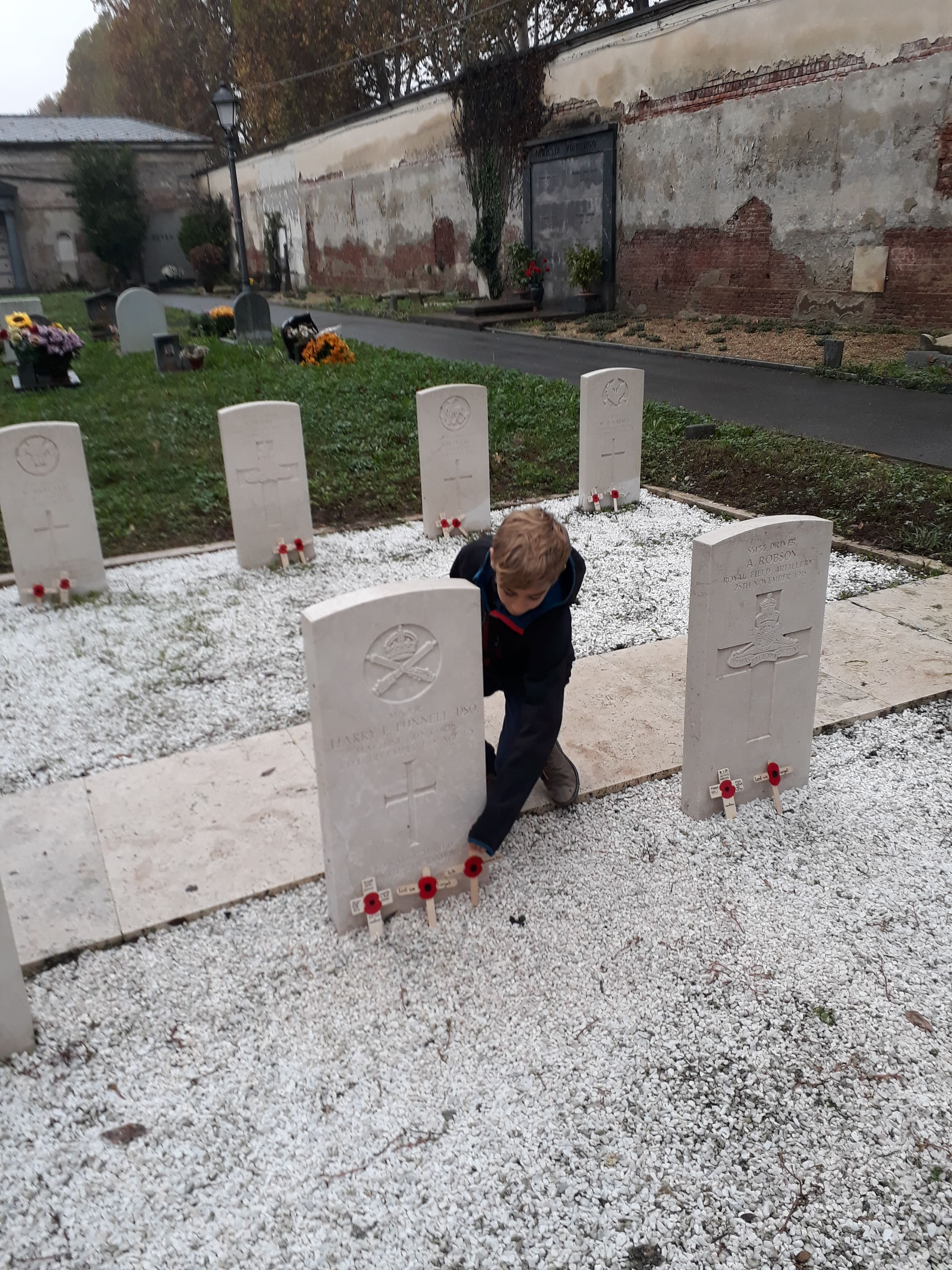 Bimbo depone papavero su tombe soldati inglesi